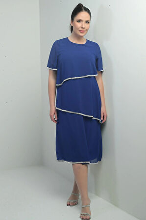 Kadın Taş Detaylı Astarlı Kısa Kollu 3 Kat Şifon Büyük Beden Elbise