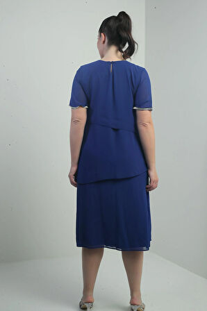 Kadın Taş Detaylı Astarlı Kısa Kollu 3 Kat Şifon Büyük Beden Elbise