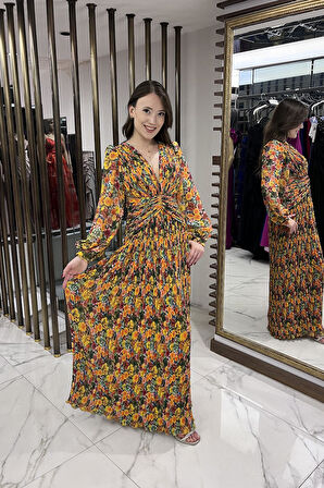 Kadın V Yaka Astarlı Çiçek Desenli Komple Pileli Şifon Uzun Elbise