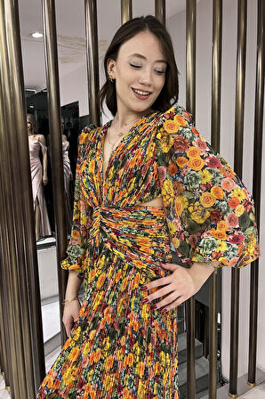 Kadın V Yaka Astarlı Çiçek Desenli Komple Pileli Şifon Uzun Elbise