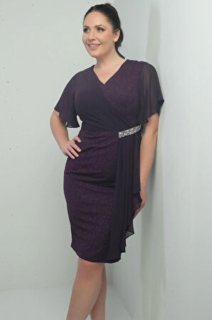 Şifon Kollu Yanı Taşlı Astarlı Büyük Beden Simli Kısa Elbise