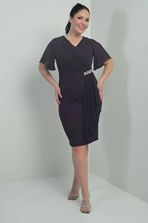 Şifon Kollu Yanı Taşlı Astarlı Büyük Beden Simli Kısa Elbise