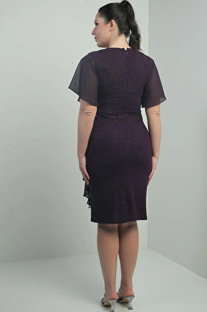 Şifon Kollu Yanı Taşlı Astarlı Büyük Beden Simli Kısa Elbise