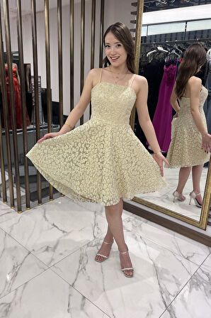 Kadın İp Askılı Astarlı Sim Flok Baskılı Kısa Kloş Elbise