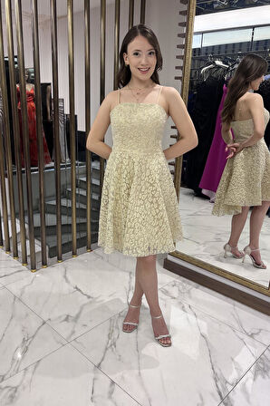 Kadın İp Askılı Astarlı Sim Flok Baskılı Kısa Kloş Elbise