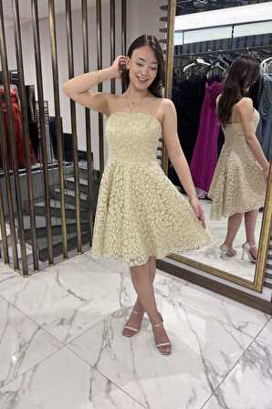 Kadın İp Askılı Astarlı Sim Flok Baskılı Kısa Kloş Elbise