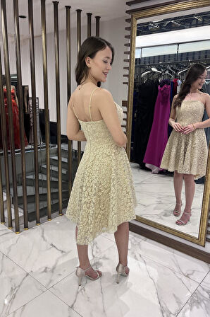 Kadın İp Askılı Astarlı Sim Flok Baskılı Kısa Kloş Elbise