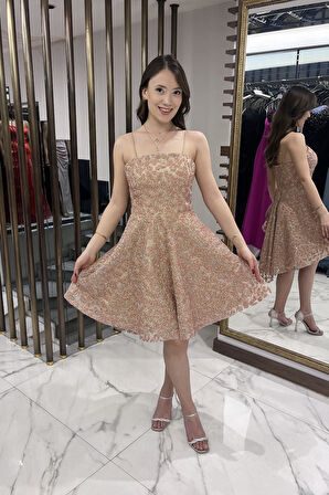 Kadın İp Askılı Astarlı Sim Flok Baskılı Kısa Kloş Elbise