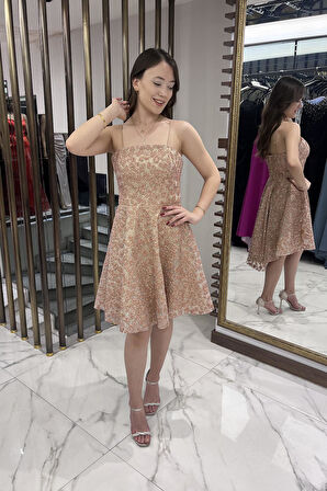 Kadın İp Askılı Astarlı Sim Flok Baskılı Kısa Kloş Elbise