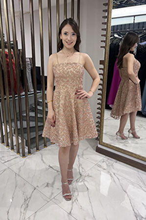 Kadın İp Askılı Astarlı Sim Flok Baskılı Kısa Kloş Elbise