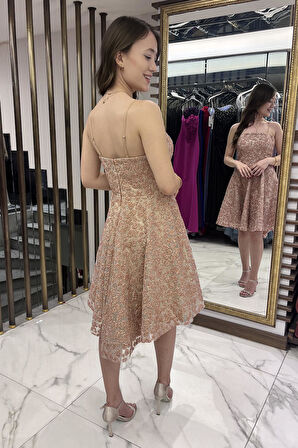 Kadın İp Askılı Astarlı Sim Flok Baskılı Kısa Kloş Elbise