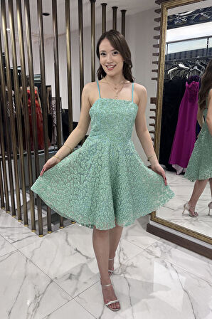 Kadın İp Askılı Astarlı Sim Flok Baskılı Kısa Kloş Elbise