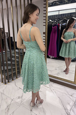 Kadın İp Askılı Astarlı Sim Flok Baskılı Kısa Kloş Elbise