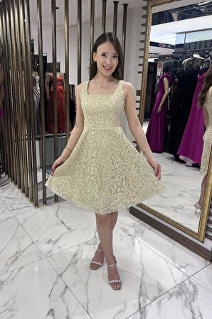 Kadın Kalın Askılı Astarlı Sim Flok Baskılı Kısa Kloş Elbise