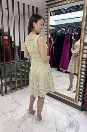 Kadın Kalın Askılı Astarlı Sim Flok Baskılı Kısa Kloş Elbise