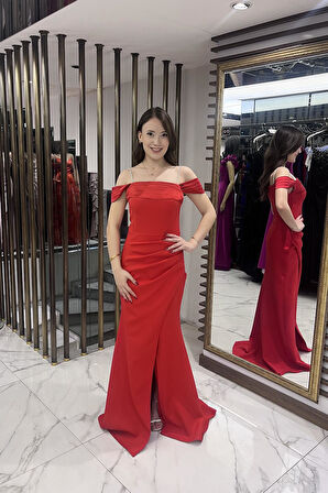 Kadın Taşlı İnce Askılı Düşük Kollu  Saten Madonna Yaka Astarlı Drapeli Double Balık Elbise