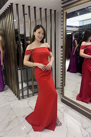 Kadın Taşlı İnce Askılı Düşük Kollu  Saten Madonna Yaka Astarlı Drapeli Double Balık Elbise