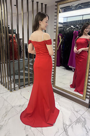 Kadın Taşlı İnce Askılı Düşük Kollu  Saten Madonna Yaka Astarlı Drapeli Double Balık Elbise