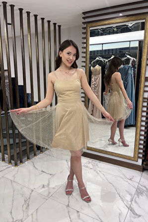 Kadın İp Askılı Arkadan Bağcıklı Astarlı Taşlı Kısa Tül Elbise