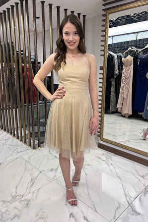 Kadın İp Askılı Arkadan Bağcıklı Astarlı Taşlı Kısa Tül Elbise