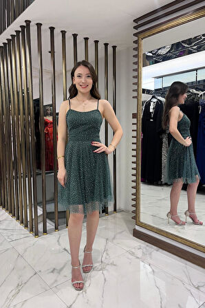 Kadın İp Askılı Arkadan Bağcıklı Astarlı Taşlı Kısa Tül Elbise