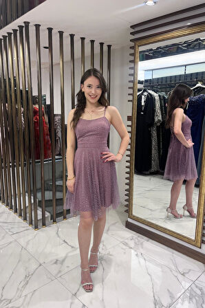 Kadın İp Askılı Arkadan Bağcıklı Astarlı Taşlı Kısa Tül Elbise