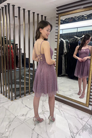 Kadın İp Askılı Arkadan Bağcıklı Astarlı Taşlı Kısa Tül Elbise