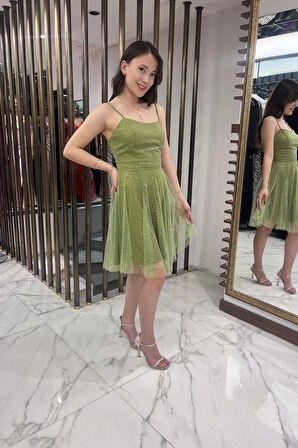 Kadın İp Askılı Arkadan Bağcıklı Astarlı Taşlı Kısa Tül Elbise