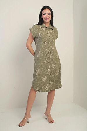 Kadın Yanları Yırtmaçlı Kısa kollu Kordeneli Cepli Gömlek Elbise