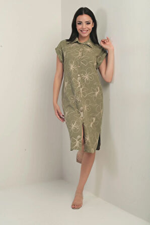 Kadın Yanları Yırtmaçlı Kısa kollu Kordeneli Cepli Gömlek Elbise