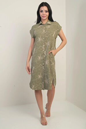 Kadın Yanları Yırtmaçlı Kısa kollu Kordeneli Cepli Gömlek Elbise