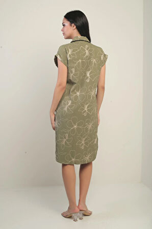 Kadın Yanları Yırtmaçlı Kısa kollu Kordeneli Cepli Gömlek Elbise