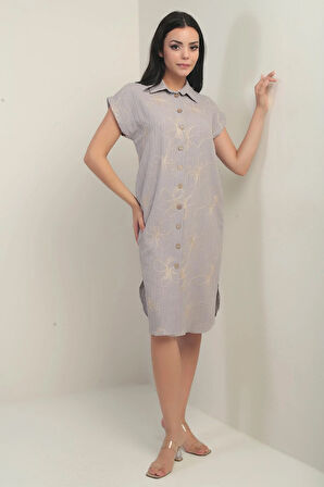 Kadın Yanları Yırtmaçlı Kısa kollu Kordeneli Cepli Gömlek Elbise