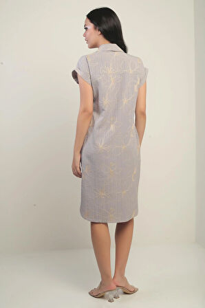 Kadın Yanları Yırtmaçlı Kısa kollu Kordeneli Cepli Gömlek Elbise