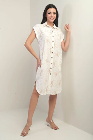 Kadın Yanları Yırtmaçlı Kısa kollu Kordeneli Cepli Gömlek Elbise