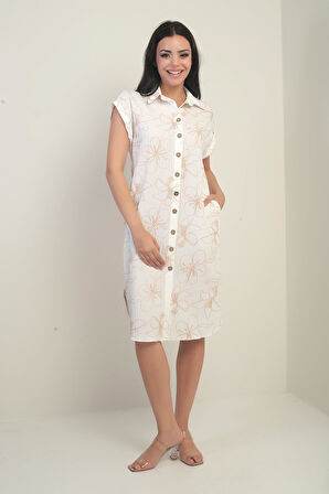 Kadın Yanları Yırtmaçlı Kısa kollu Kordeneli Cepli Gömlek Elbise