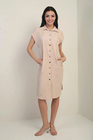 Kadın Yanları Yırtmaçlı Kısa kollu Kordeneli Cepli Gömlek Elbise