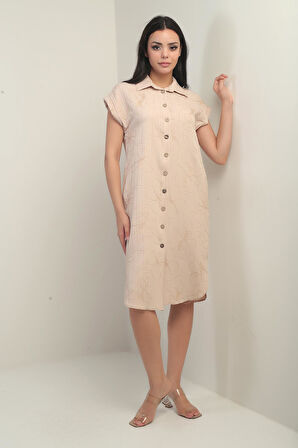 Kadın Yanları Yırtmaçlı Kısa kollu Kordeneli Cepli Gömlek Elbise