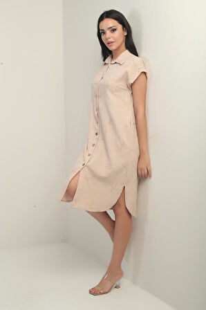 Kadın Yanları Yırtmaçlı Kısa kollu Kordeneli Cepli Gömlek Elbise