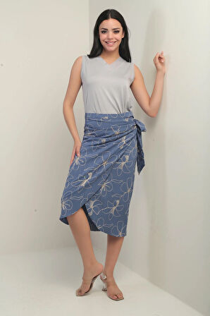 Kadın Yandan Bağlamalı Kordeneli Midi Etek