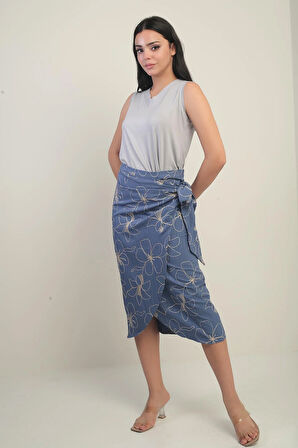 Kadın Yandan Bağlamalı Kordeneli Midi Etek