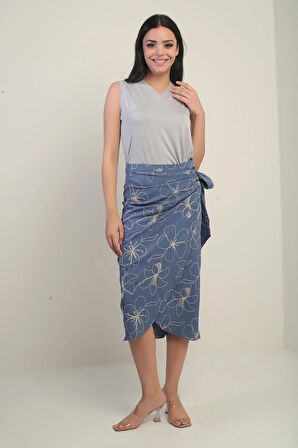 Kadın Yandan Bağlamalı Kordeneli Midi Etek