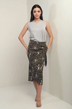 Kadın Yandan Bağlamalı Kordeneli Midi Etek