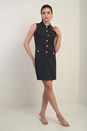 Kadın Çift Cepli Düğme Detaylı Kolsuz Kısa Elbise