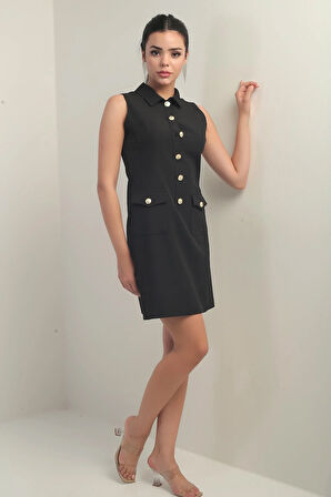 Kadın Çift Cepli Düğme Detaylı Kolsuz Kısa Elbise