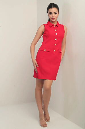 Kadın Çift Cepli Düğme Detaylı Kolsuz Kısa Elbise