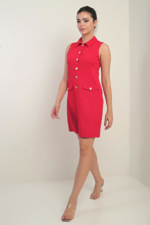 Kadın Çift Cepli Düğme Detaylı Kolsuz Kısa Elbise