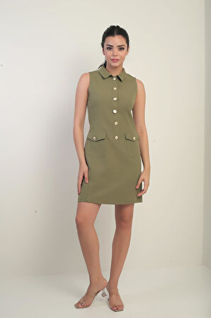 Kadın Çift Cepli Düğme Detaylı Kolsuz Kısa Elbise