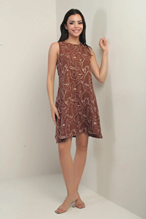 Kadın Yuvarlak Yaka Kordeneli Kolsuz Kısa Elbise