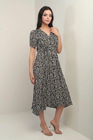Kadın V Yakalı Bel Nervürlü Önü Düğmeli Etnik Desen Midi Elbise